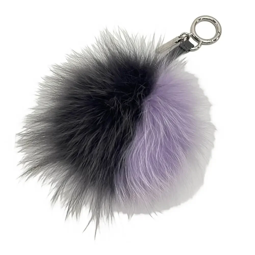 Fendi Pompom Charm Bag Charm Dark Gray Light Purple Silver Fur Leather